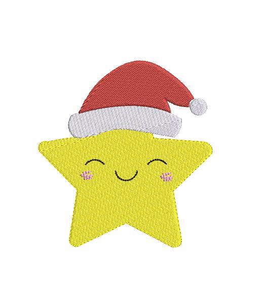 Holiday Star with Christmas hat Embroidery design.  5 Sizes