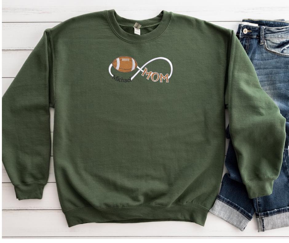 Football Mom Infinity Embroidered Sweatshirt with Child Name- Sports